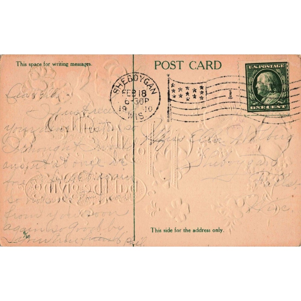 Antique 1910 Embossed Postcard Pansies Not the Gift But Giving Sheboygan WI - Picture 2 of 2